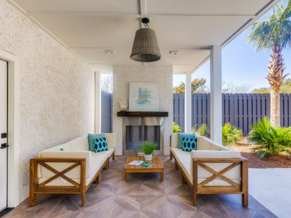 white sands vacation rental outdoor fireplace covered back patio