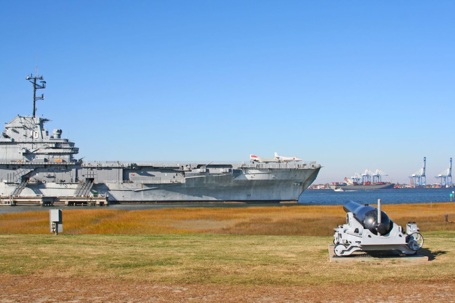 view of the USS Yorktown and cannon on a sunny day in Charleston