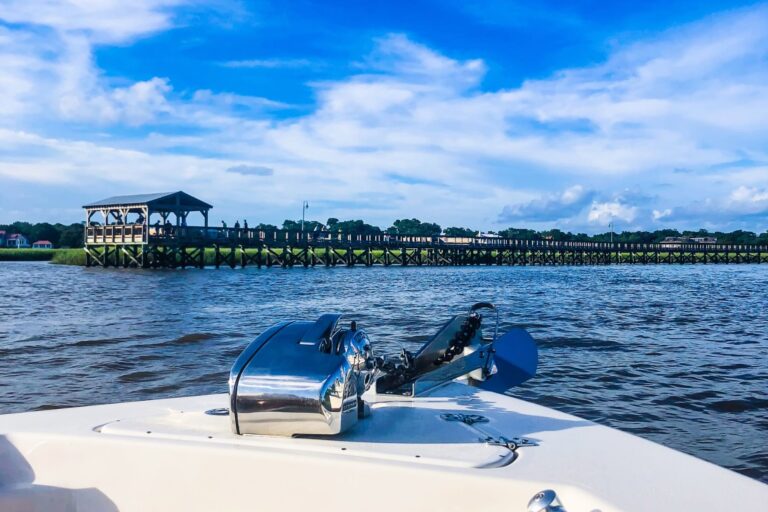 a view from one of the Charleston boat tours with a dock in the background