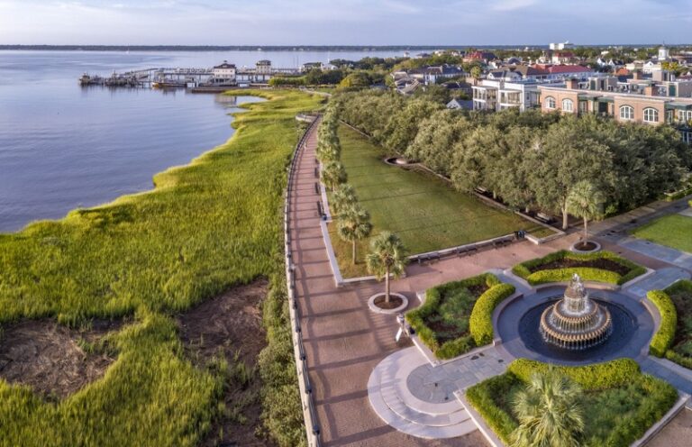 Free Things to Do in Charleston: An aerial view of Charleston, SC, as seen from Waterfront Park.