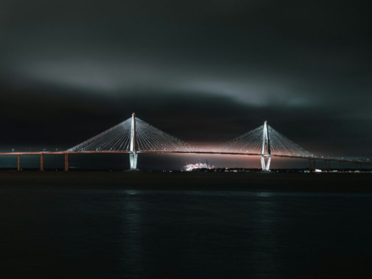 Holiday Festival of Lights: An illuminated Arthur Ravenel Jr. Bridge during the holidays in Charleston, SC.