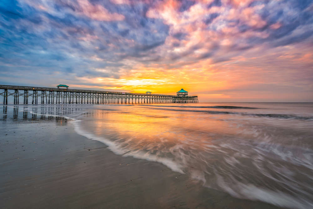 View of Folly Beach at sunset: best beaches in Charleston