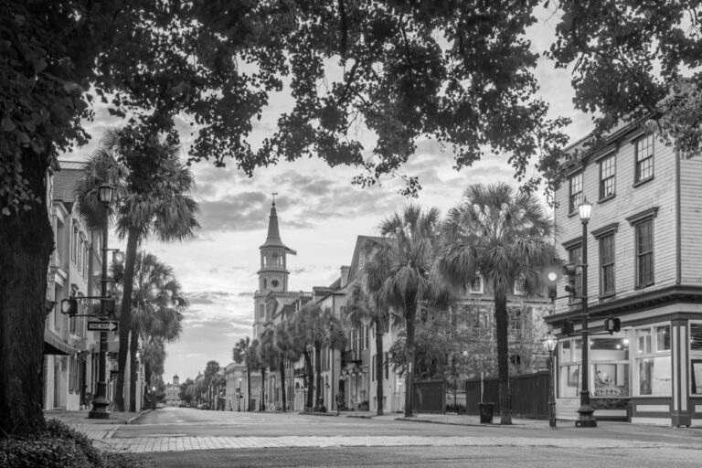 Black and white photo of downtown Charleston